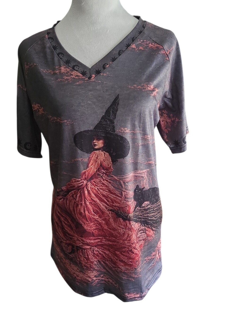 Witch Graphic V-Neck Women’s Top in Dusty Gray and Rose